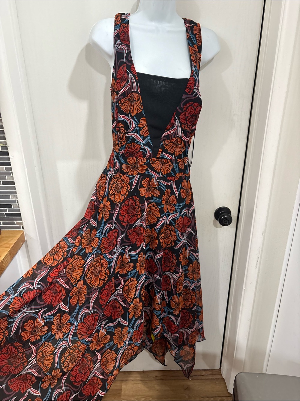Floral V-Neck bohemian flowy Sleeveless Midi Dress in Orange & Black